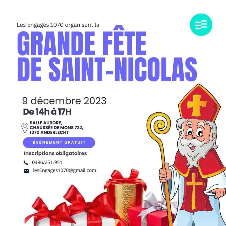 👉🏿Je vous y attends nombreux…

Les Engagés 1070 Anderlecht organisent leur traditionnelle fête de Saint-Nicolas, qui fait son grand retour 🎉

Quand!?